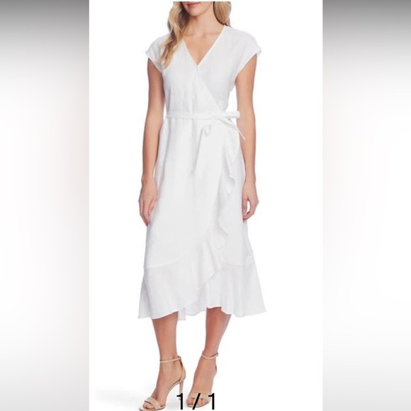 Vince Camuto Ruffle Faux Wrap Midi Dress Ultra White Linen Sz M NWT MSRP $159 - Picture 1 of 9